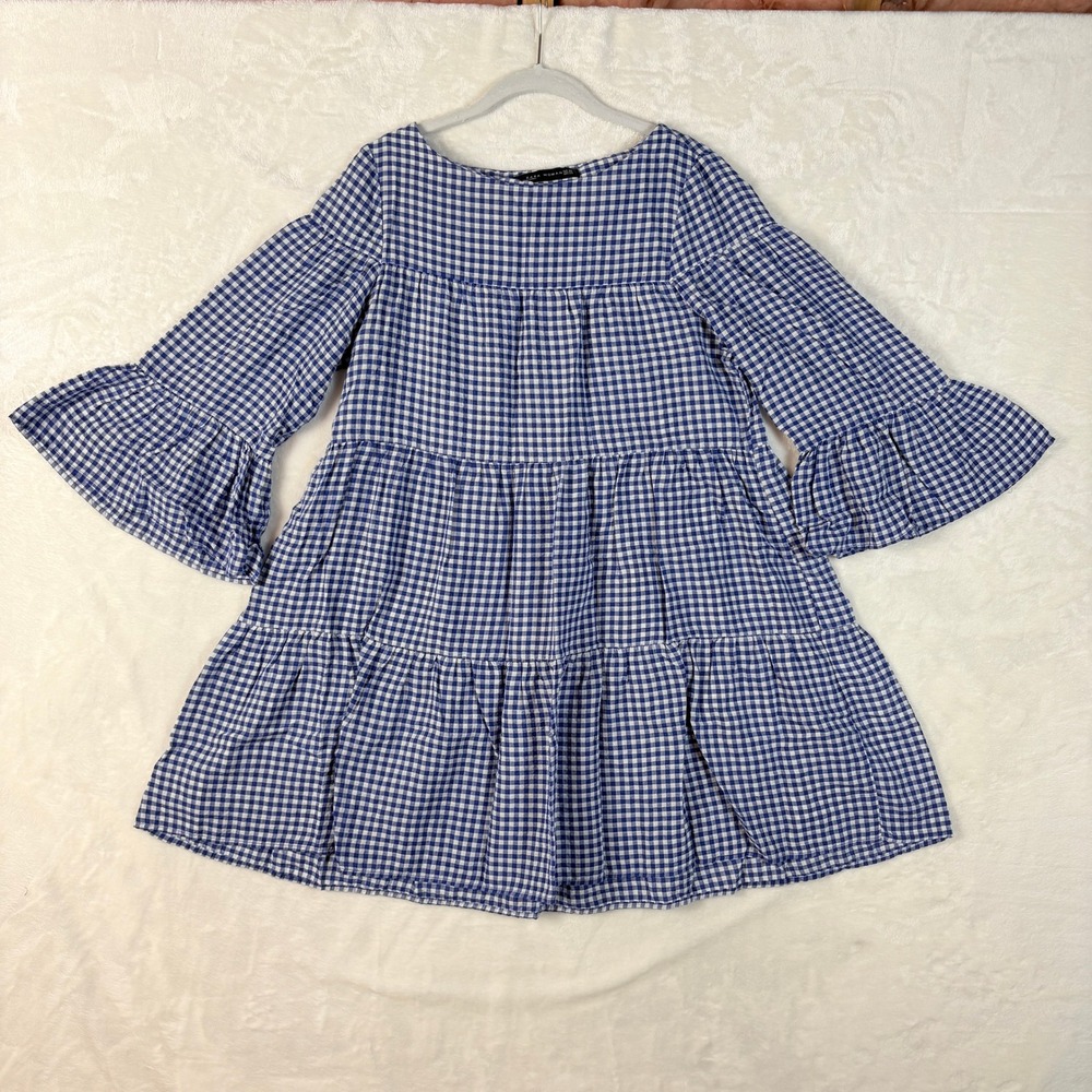 Zara Gingham Babydoll Dress Womens XS Blue Excellent Tiered Bell Sleeve